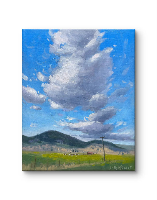 My original oil painting - Dancing clouds over Valley- on Canvas panel-10x8 inches- Location is Near lower Nicola.