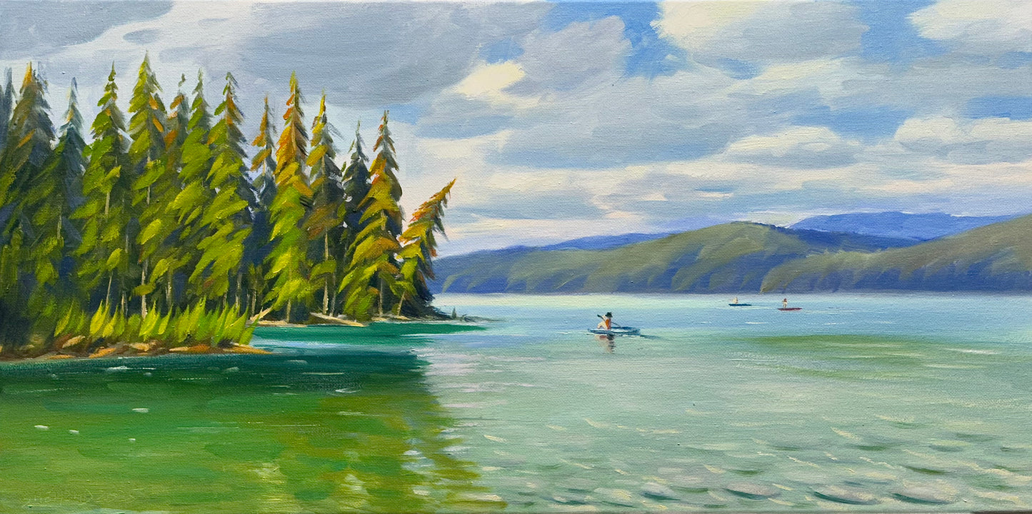 Beautiful Lake Oil painting- 24x12 inch Canvas- On spot oil painting at Johnson Lake BC