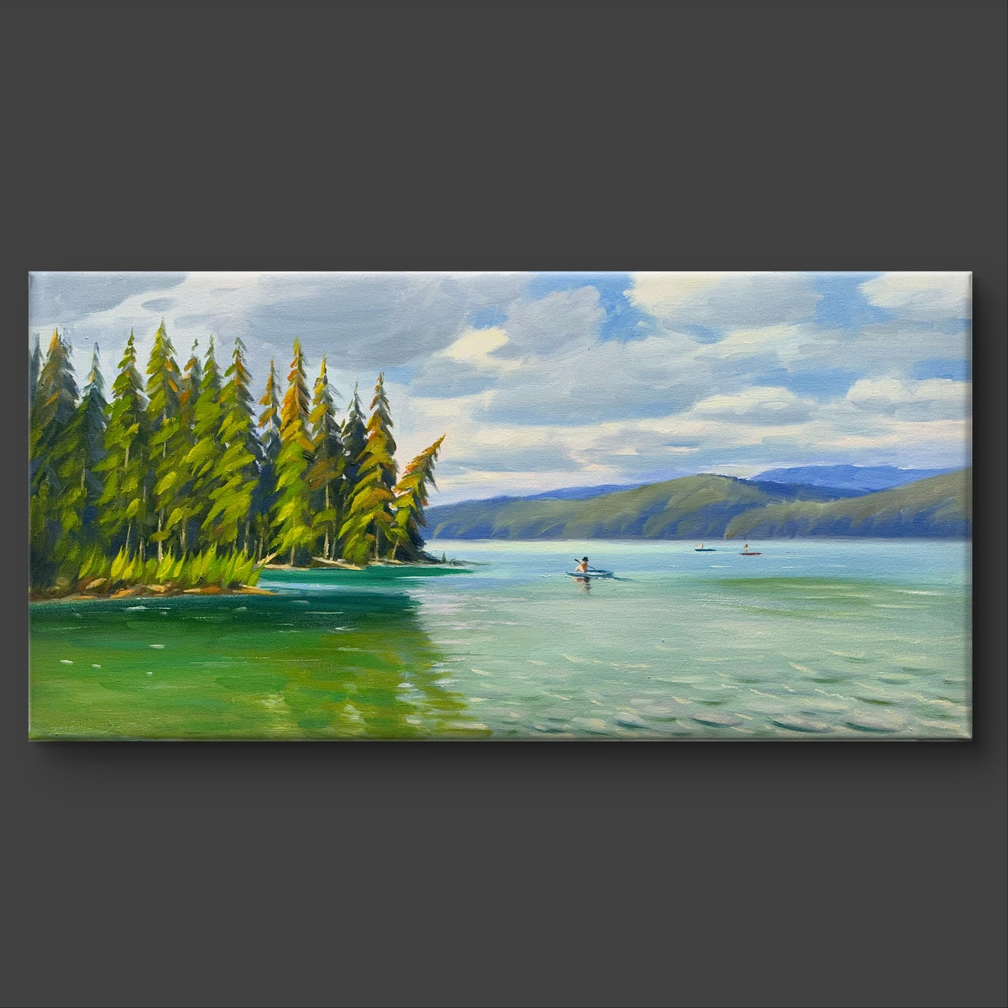 Beautiful Lake Oil painting- 24x12 inch Canvas- On spot oil painting at Johnson Lake BC