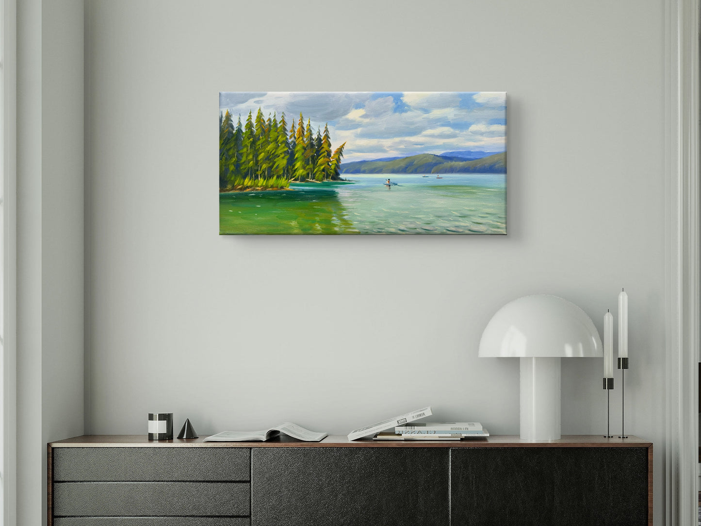 Beautiful Lake Oil painting- 24x12 inch Canvas- On spot oil painting at Johnson Lake BC
