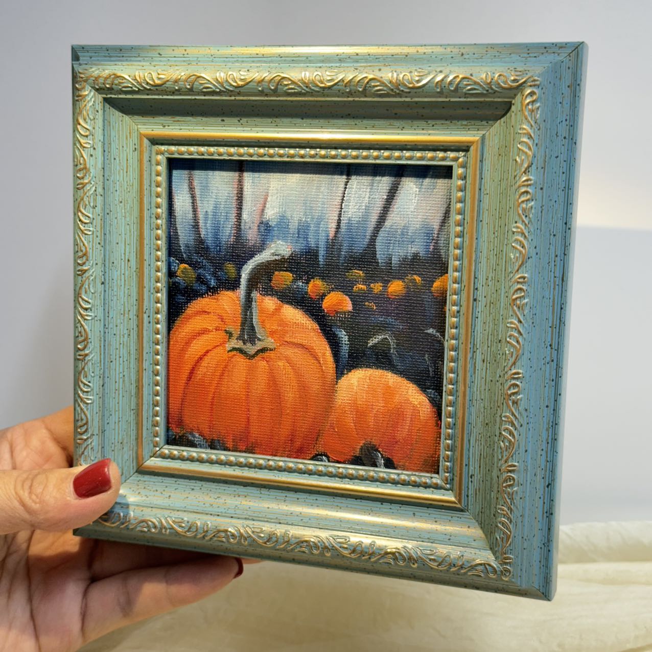 4"x4" Original Small Pumpkin Oil Painting – Charming Halloween Art for Cozy Home Decor