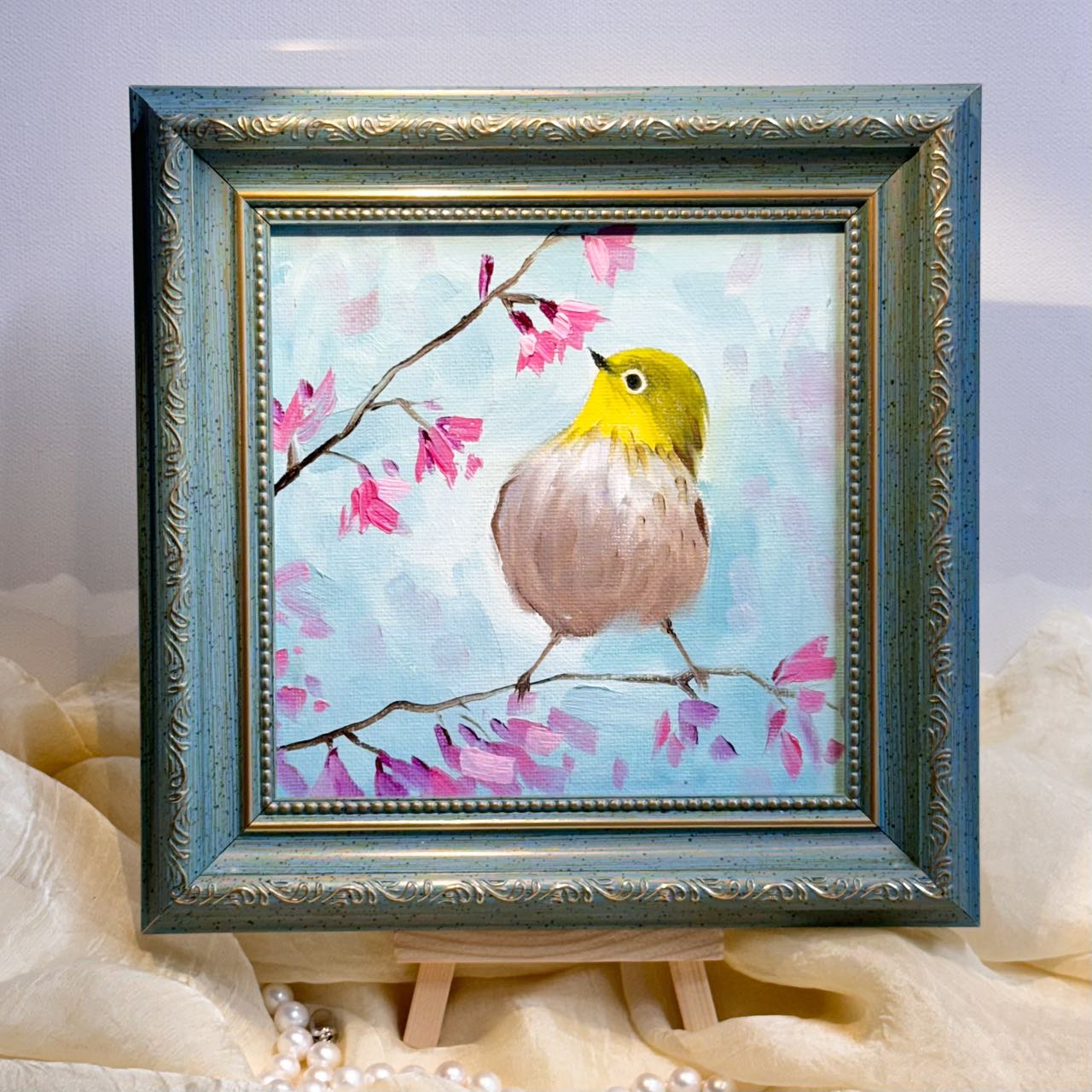 Adorable Bird Wall Art - Original Handmade Oil Painting on canvas/ perfect gift for Christmas