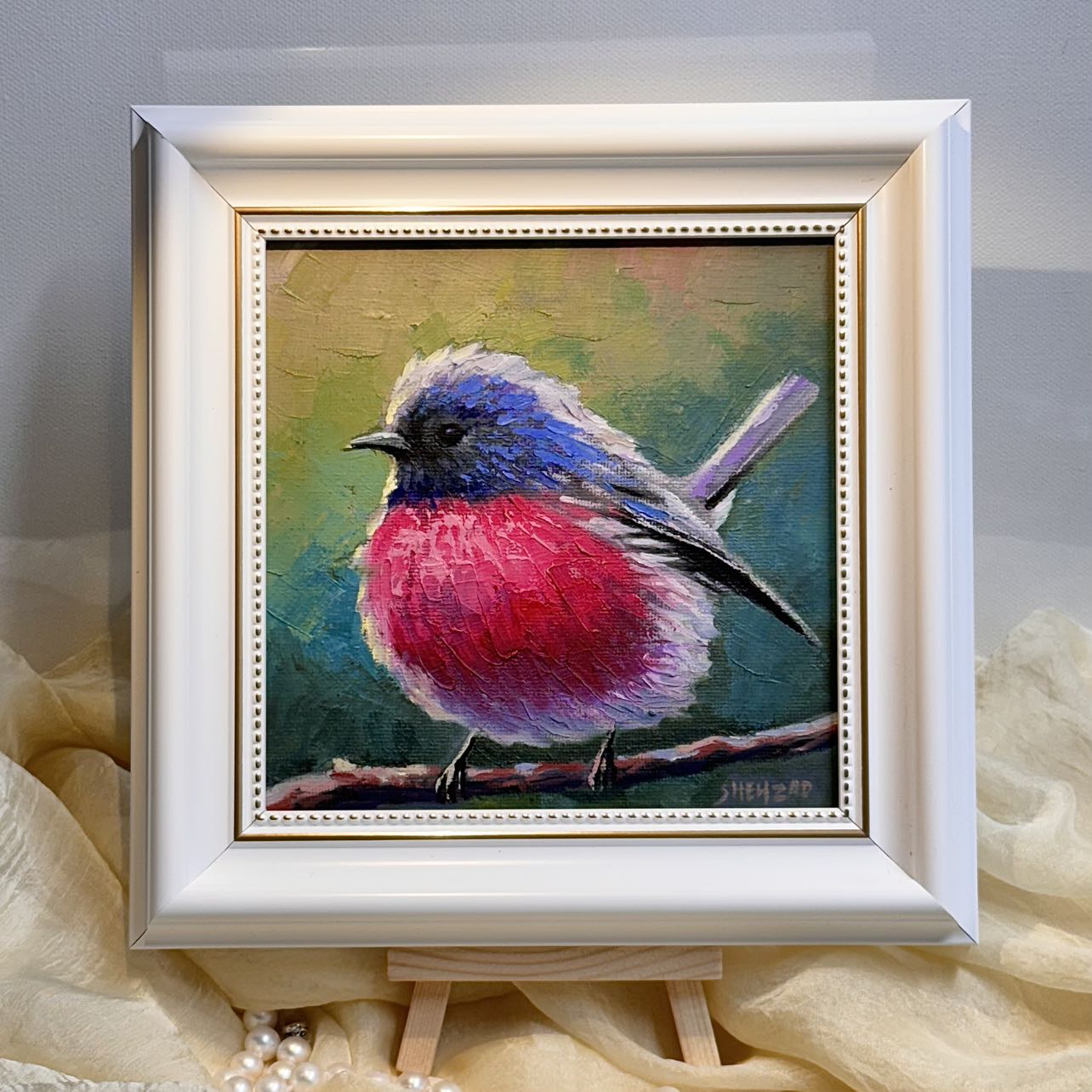 6"x6" Pink Robin Handmade original oil painting on canvas wall art Christmas gift