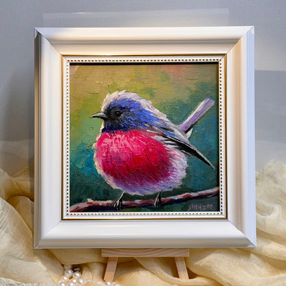 6"x6" Pink Robin Handmade original oil painting on canvas wall art Christmas gift