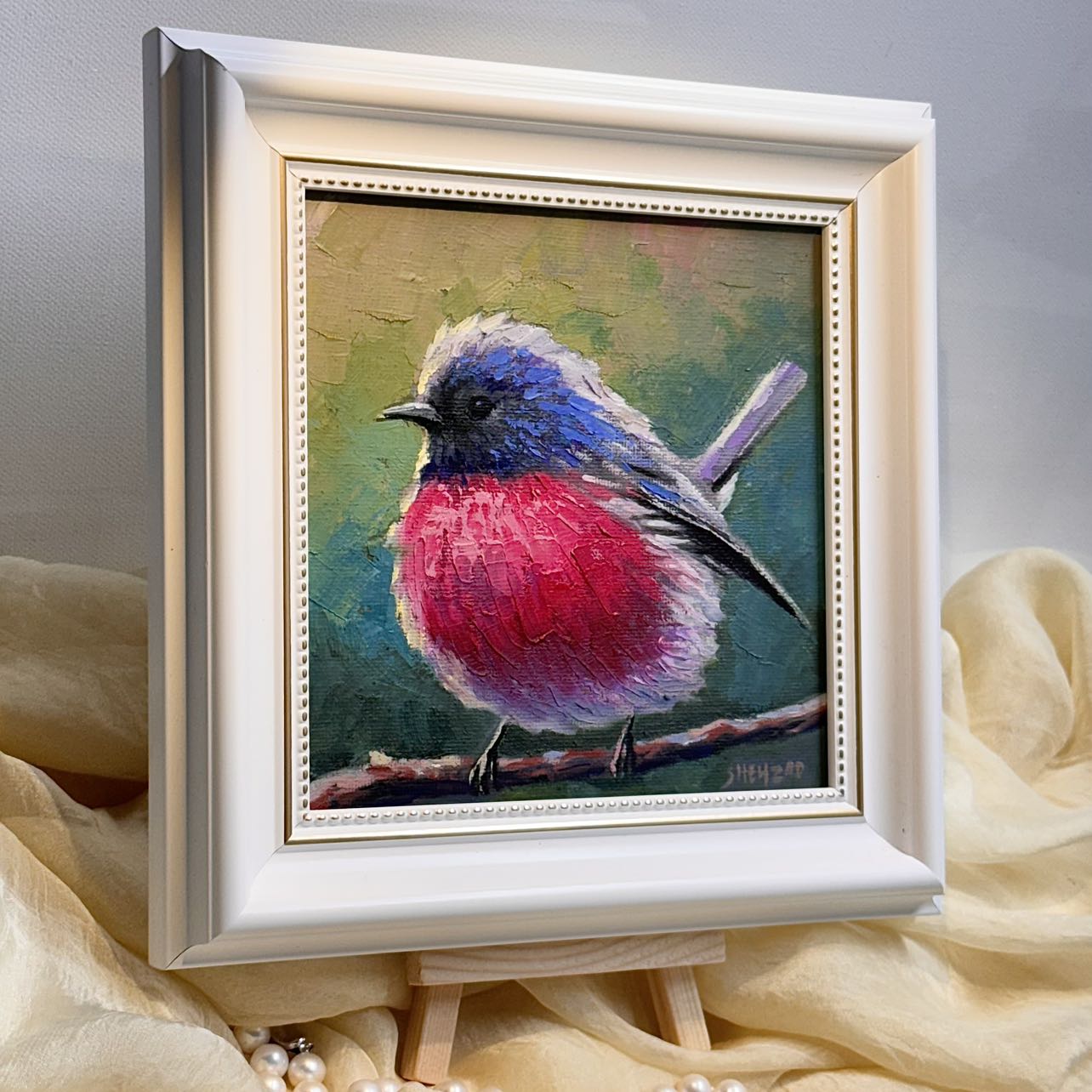 6"x6" Pink Robin Handmade original oil painting on canvas wall art Christmas gift