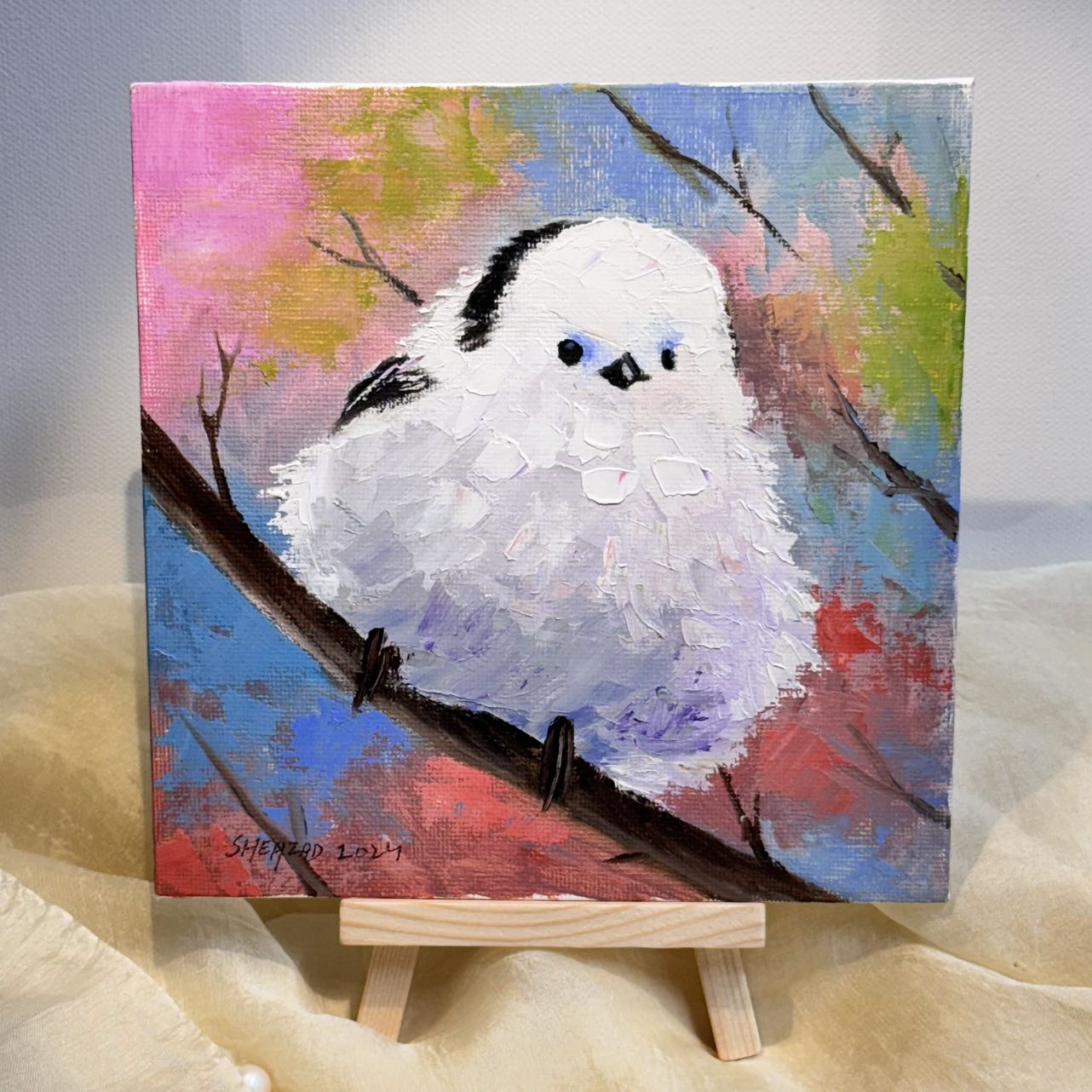 6"x6" Cute white bird Handmade original oil painting on canvas panel wall art