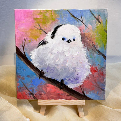 6"x6" Cute white bird Handmade original oil painting on canvas panel wall art