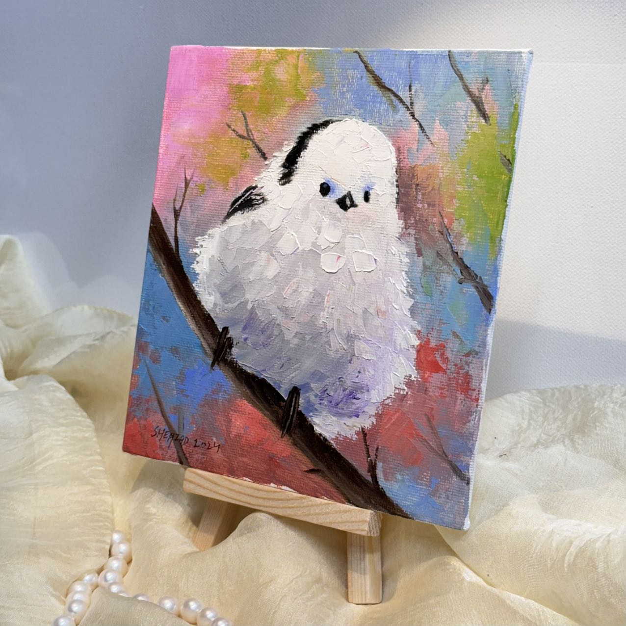 6"x6" Cute white bird Handmade original oil painting on canvas panel wall art