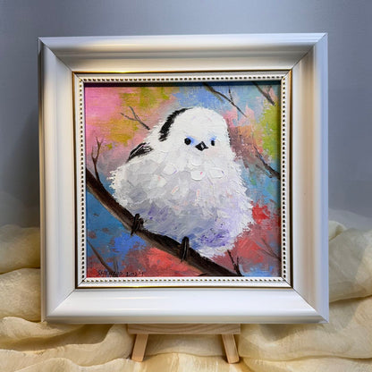 6"x6" Cute white bird Handmade original oil painting on canvas panel wall art