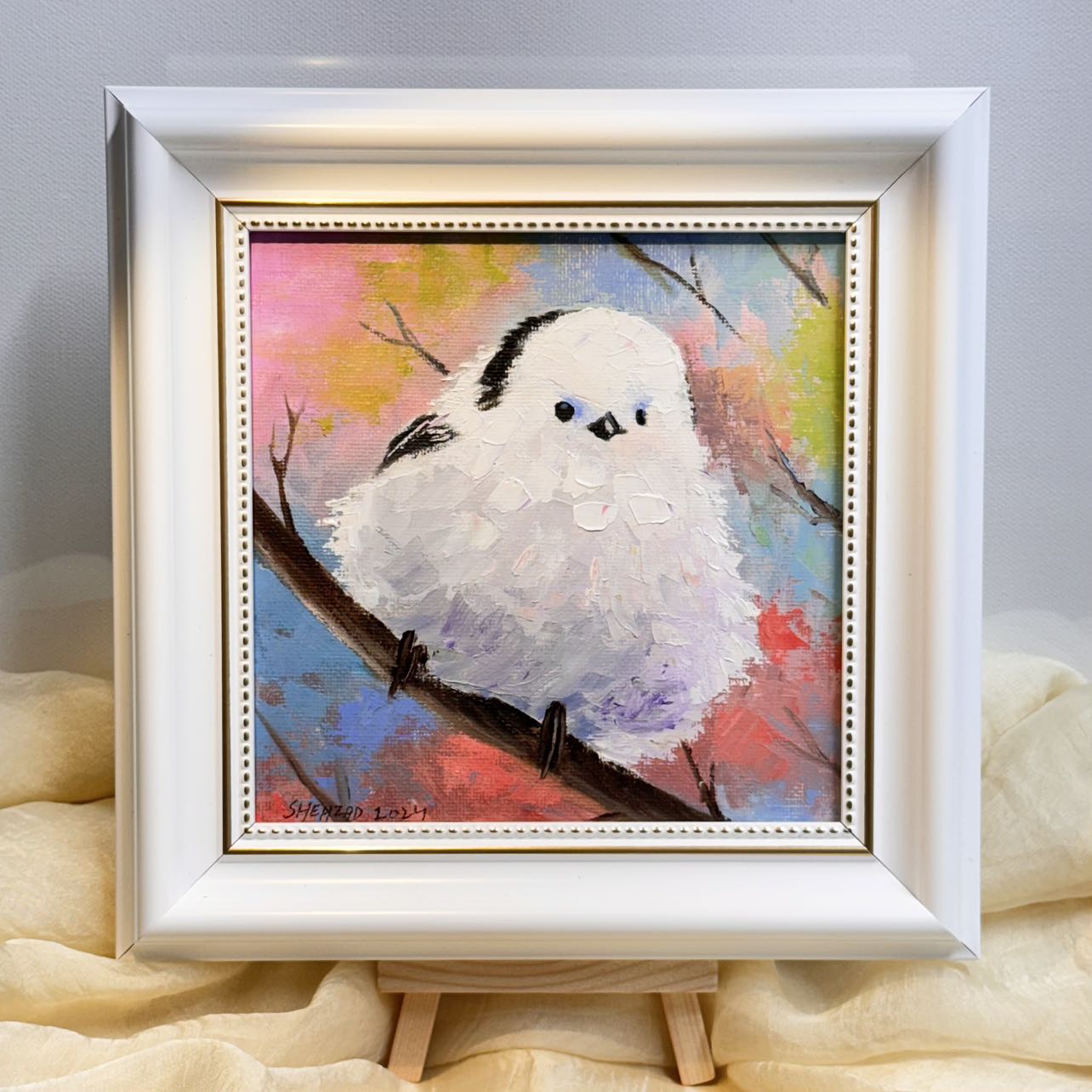 6"x6" Cute white bird Handmade original oil painting on canvas panel wall art