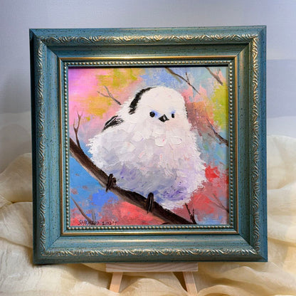 6"x6" Cute white bird Handmade original oil painting on canvas panel wall art