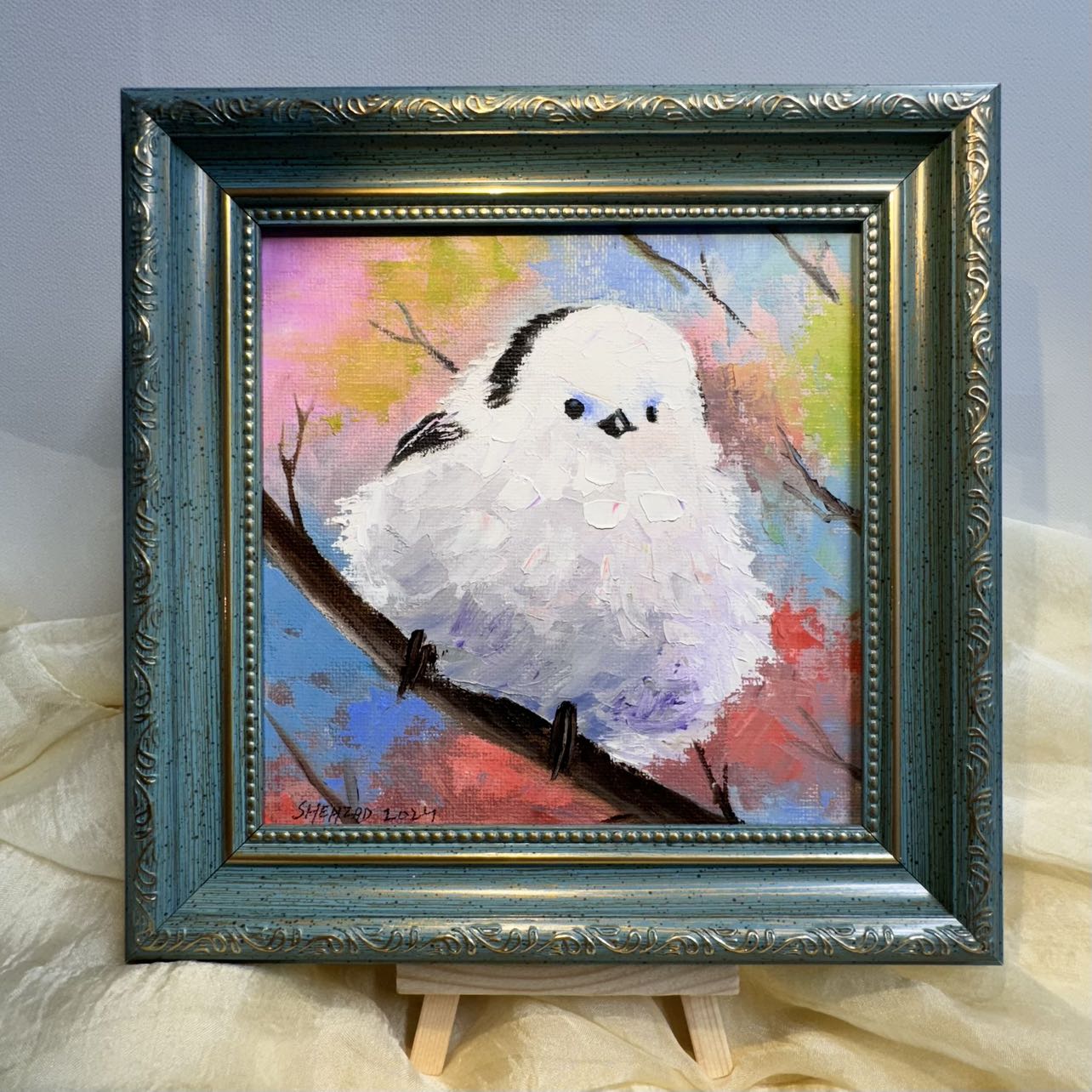 6"x6" Cute white bird Handmade original oil painting on canvas panel wall art