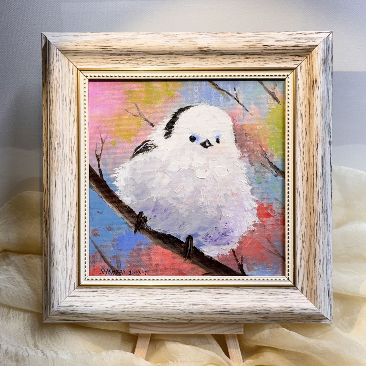 6"x6" Cute white bird Handmade original oil painting on canvas panel wall art