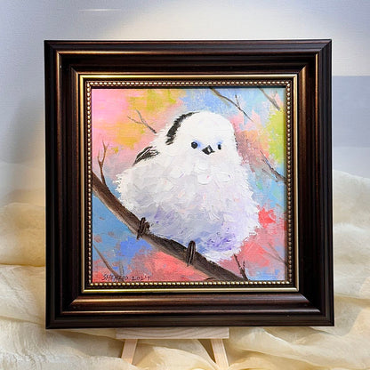 6"x6" Cute white bird Handmade original oil painting on canvas panel wall art