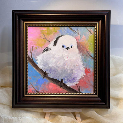 6"x6" Cute white bird Handmade original oil painting on canvas panel wall art