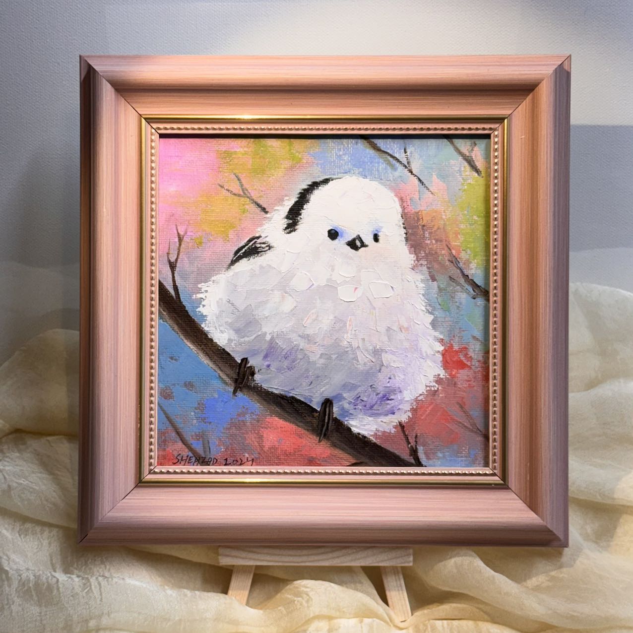 6"x6" Cute white bird Handmade original oil painting on canvas panel wall art