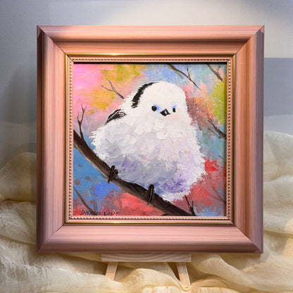 6"x6" Cute white bird Handmade original oil painting on canvas panel wall art