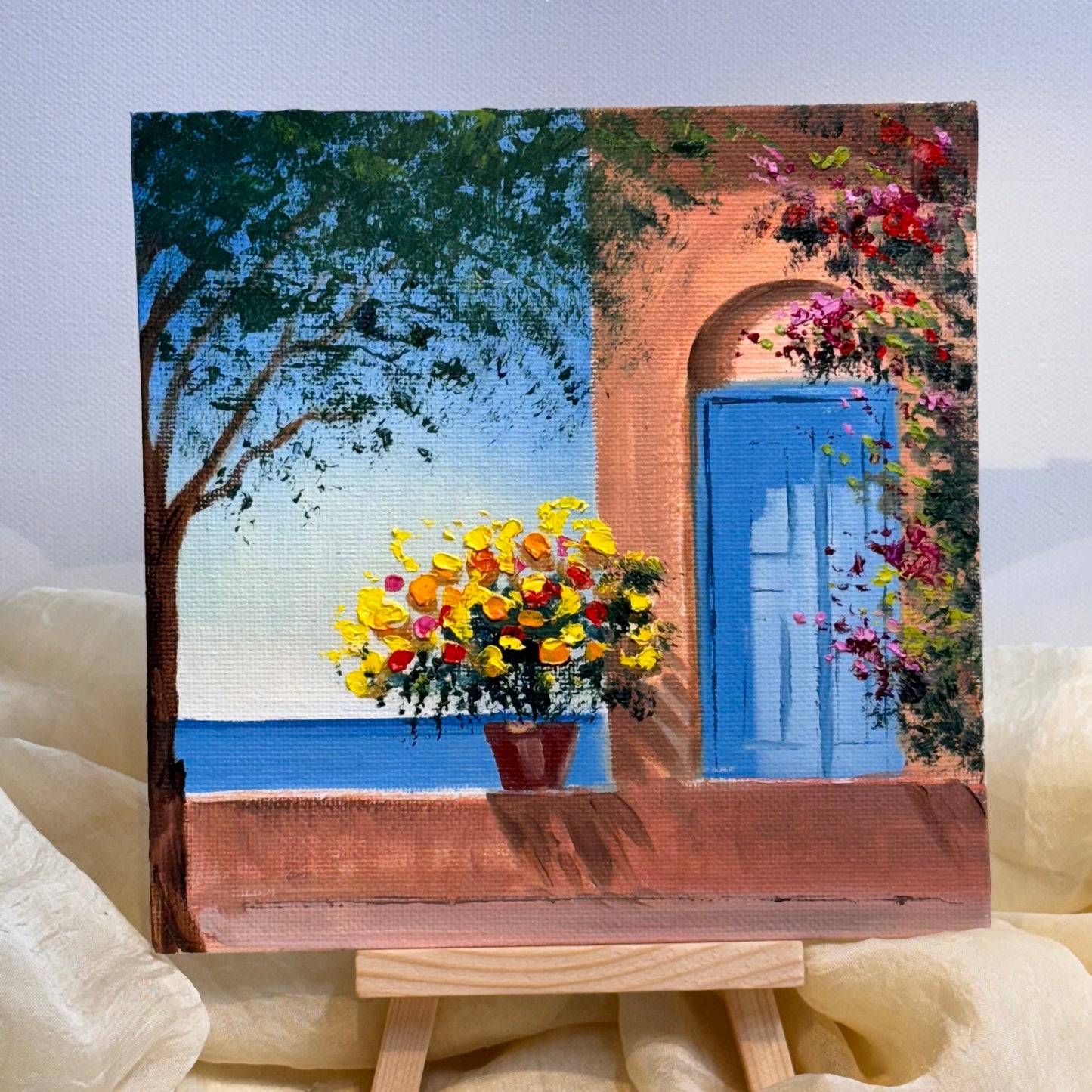 6"x6 Mediterranean Scene with Flowered Terrace: hand painted Original Oil Painting