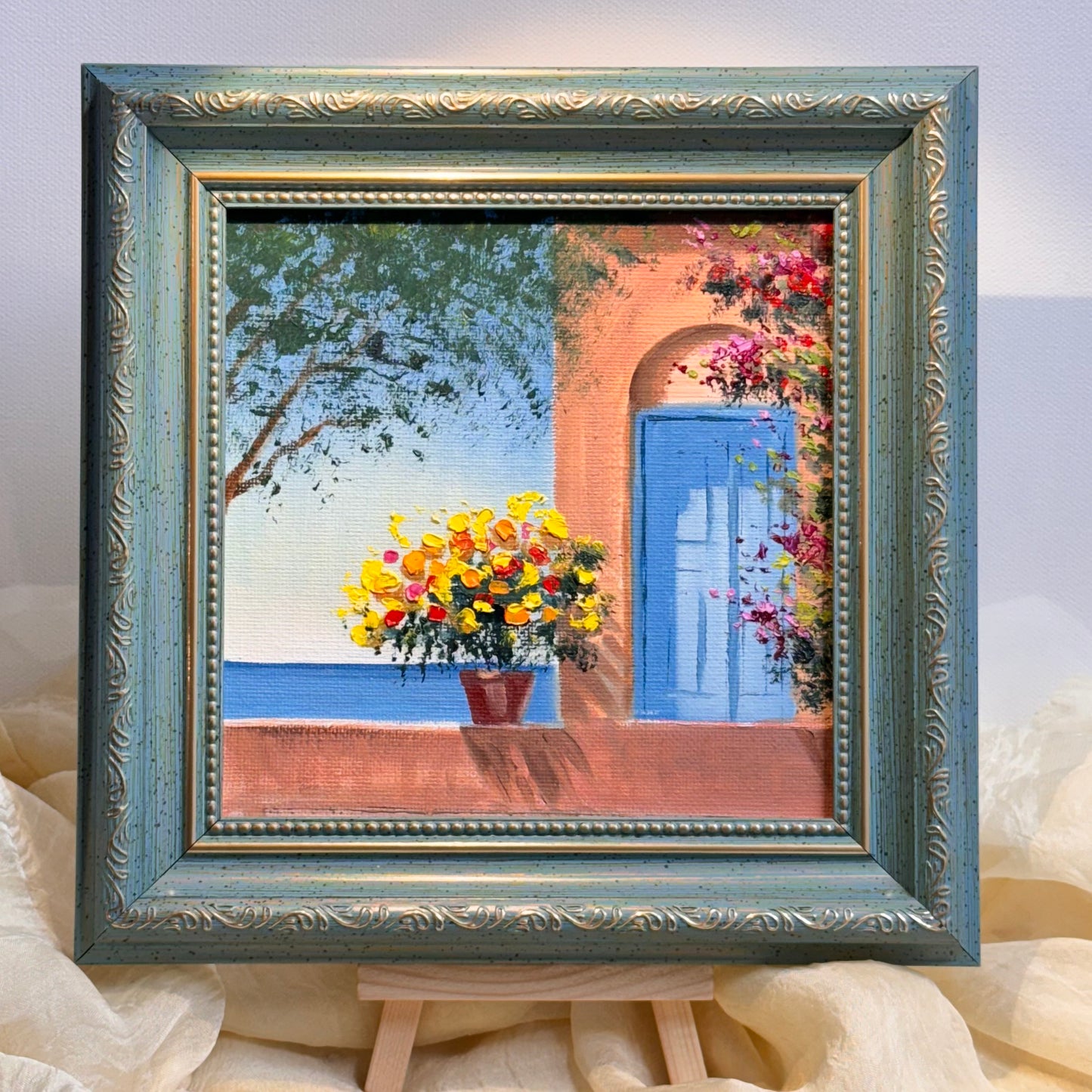 6"x6 Mediterranean Scene with Flowered Terrace: hand painted Original Oil Painting