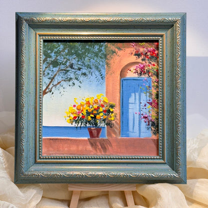 6"x6 Mediterranean Scene with Flowered Terrace: hand painted Original Oil Painting