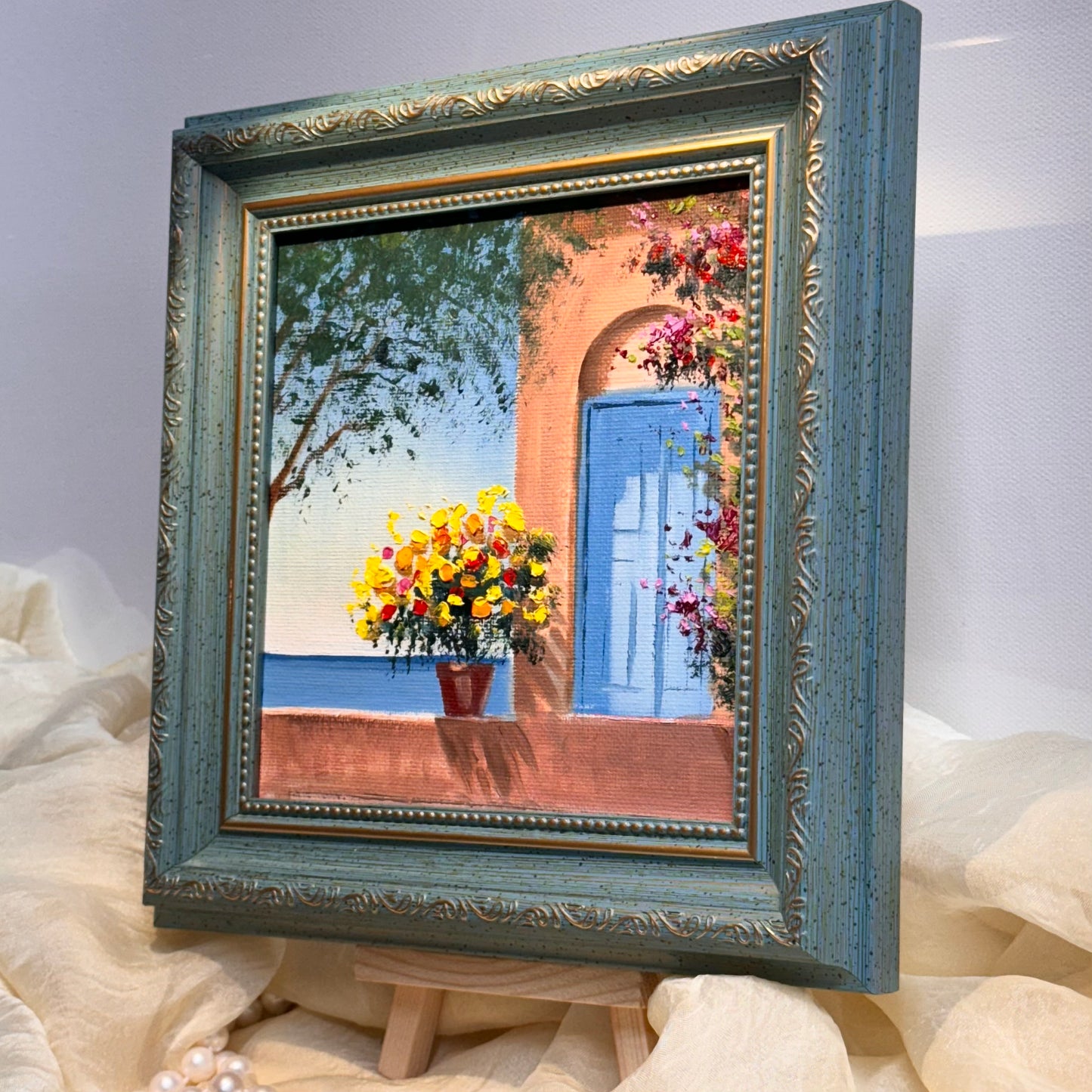 6"x6 Mediterranean Scene with Flowered Terrace: hand painted Original Oil Painting