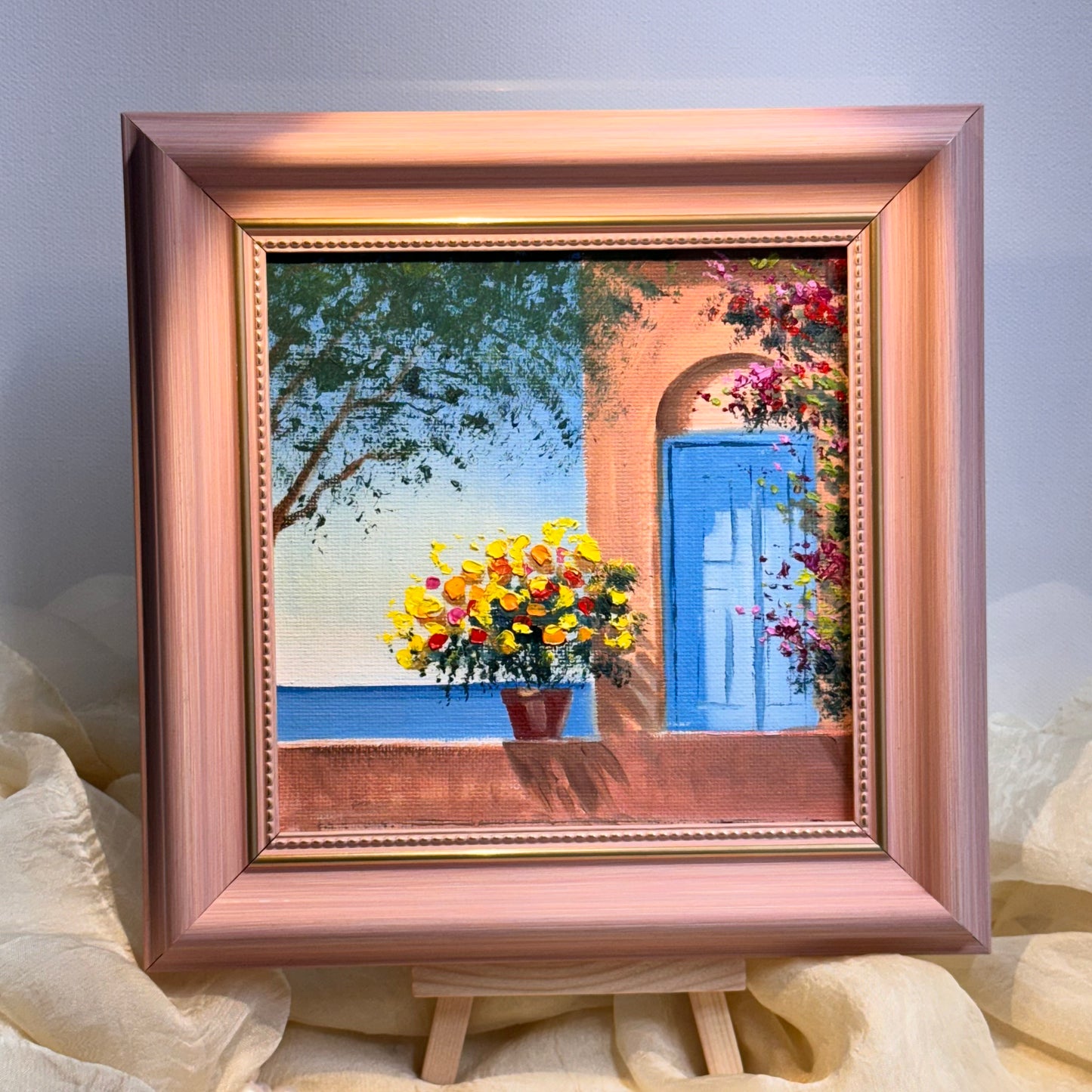 6"x6 Mediterranean Scene with Flowered Terrace: hand painted Original Oil Painting