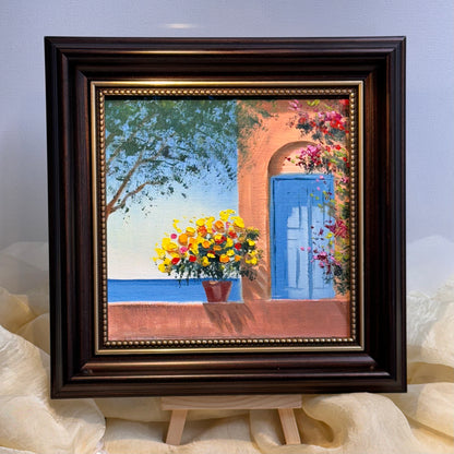 6"x6 Mediterranean Scene with Flowered Terrace: hand painted Original Oil Painting