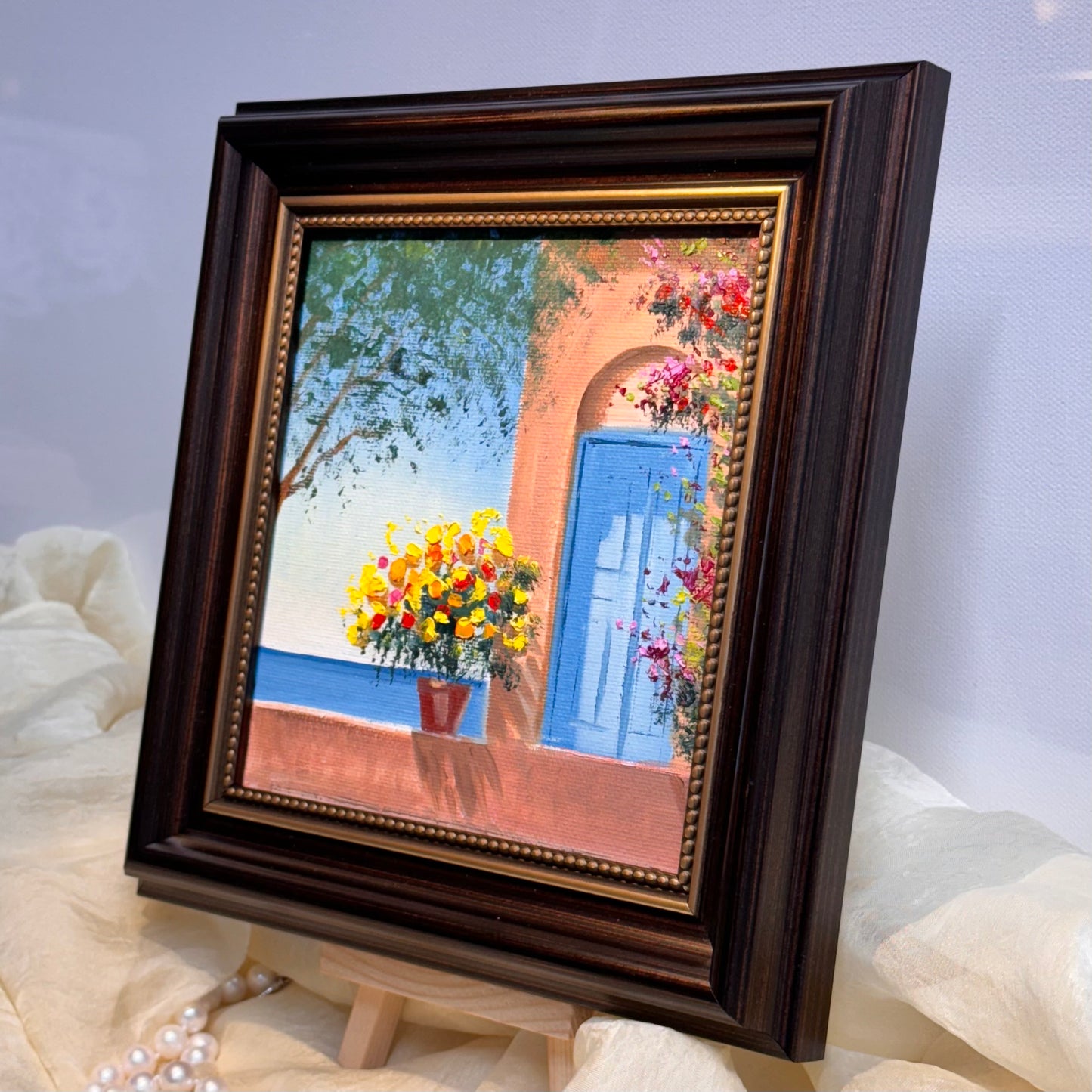 6"x6 Mediterranean Scene with Flowered Terrace: hand painted Original Oil Painting