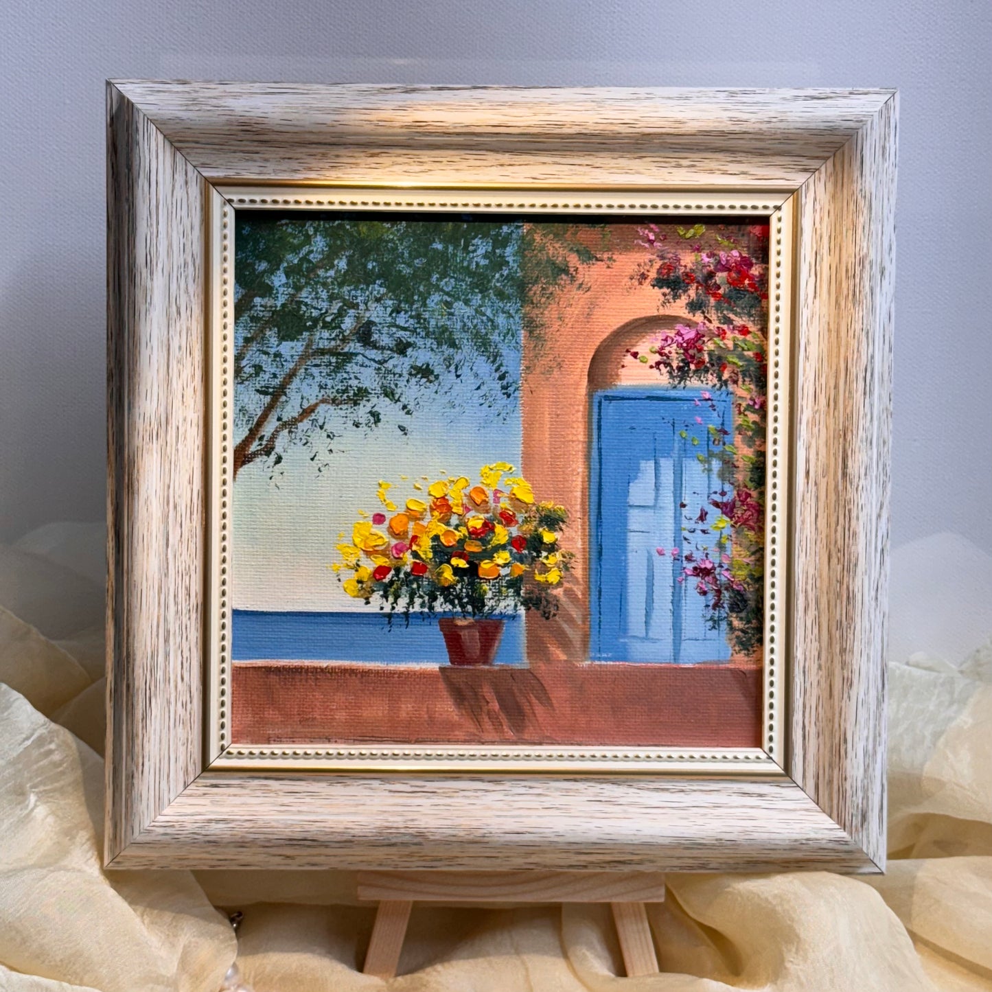 6"x6 Mediterranean Scene with Flowered Terrace: hand painted Original Oil Painting