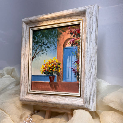 6"x6 Mediterranean Scene with Flowered Terrace: hand painted Original Oil Painting