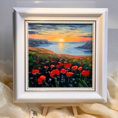 6"x6 Poppy Field Bliss: Sunset flowers Original Handmade oil painting on Canvas panel Wall Art