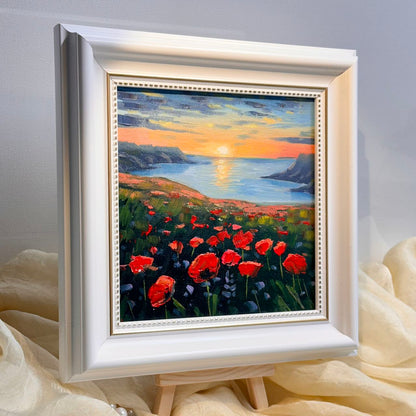 6"x6 Poppy Field Bliss: Sunset flowers Original Handmade oil painting on Canvas panel Wall Art