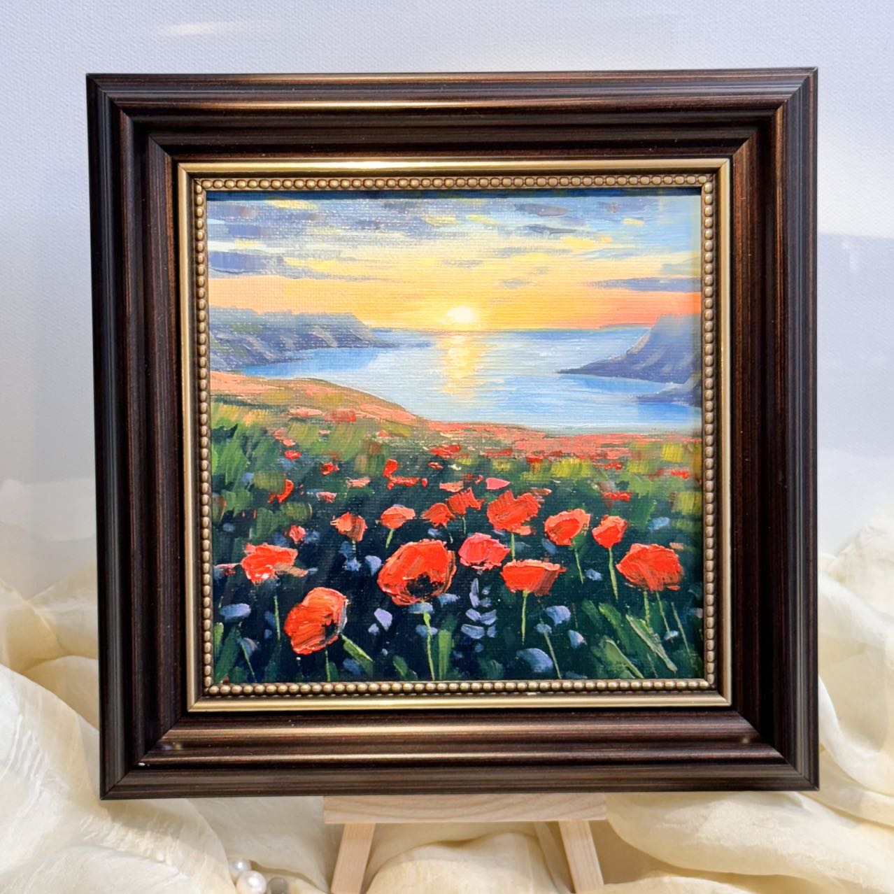 6"x6 Poppy Field Bliss: Sunset flowers Original Handmade oil painting on Canvas panel Wall Art