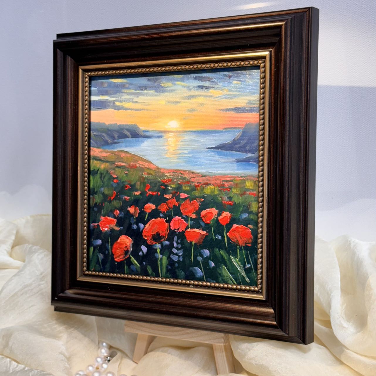 6"x6 Poppy Field Bliss: Sunset flowers Original Handmade oil painting on Canvas panel Wall Art