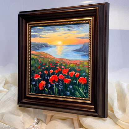 6"x6 Poppy Field Bliss: Sunset flowers Original Handmade oil painting on Canvas panel Wall Art