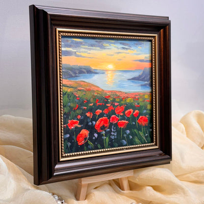 6"x6 Poppy Field Bliss: Sunset flowers Original Handmade oil painting on Canvas panel Wall Art