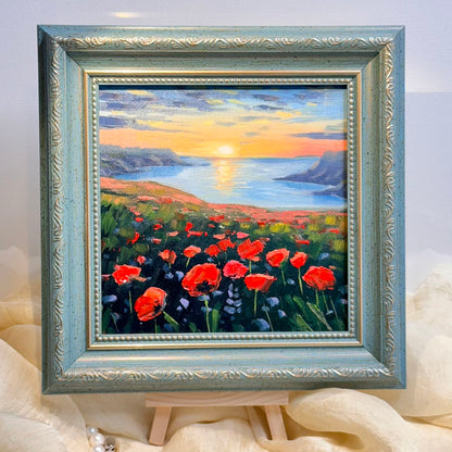 6"x6 Poppy Field Bliss: Sunset flowers Original Handmade oil painting on Canvas panel Wall Art