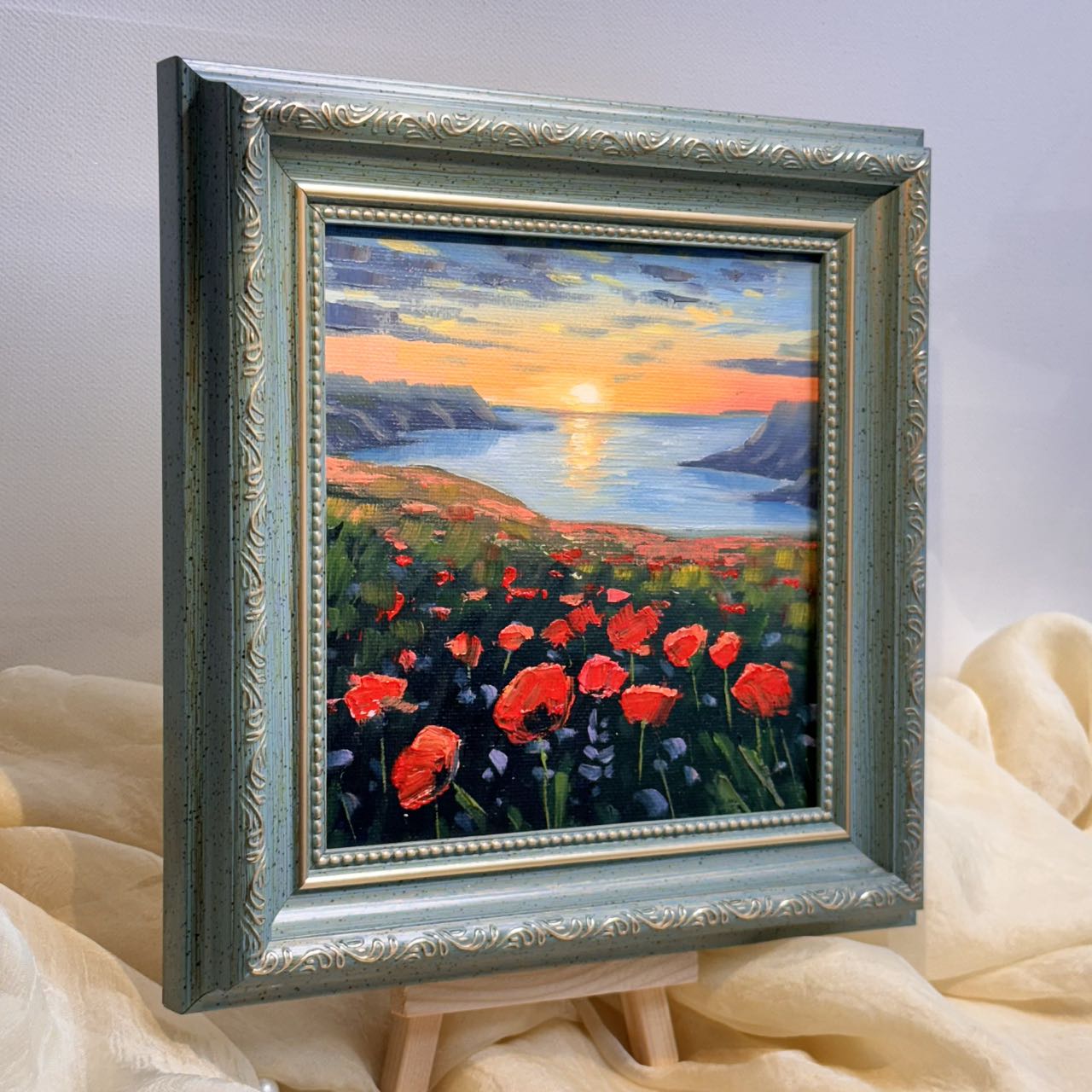 6"x6 Poppy Field Bliss: Sunset flowers Original Handmade oil painting on Canvas panel Wall Art