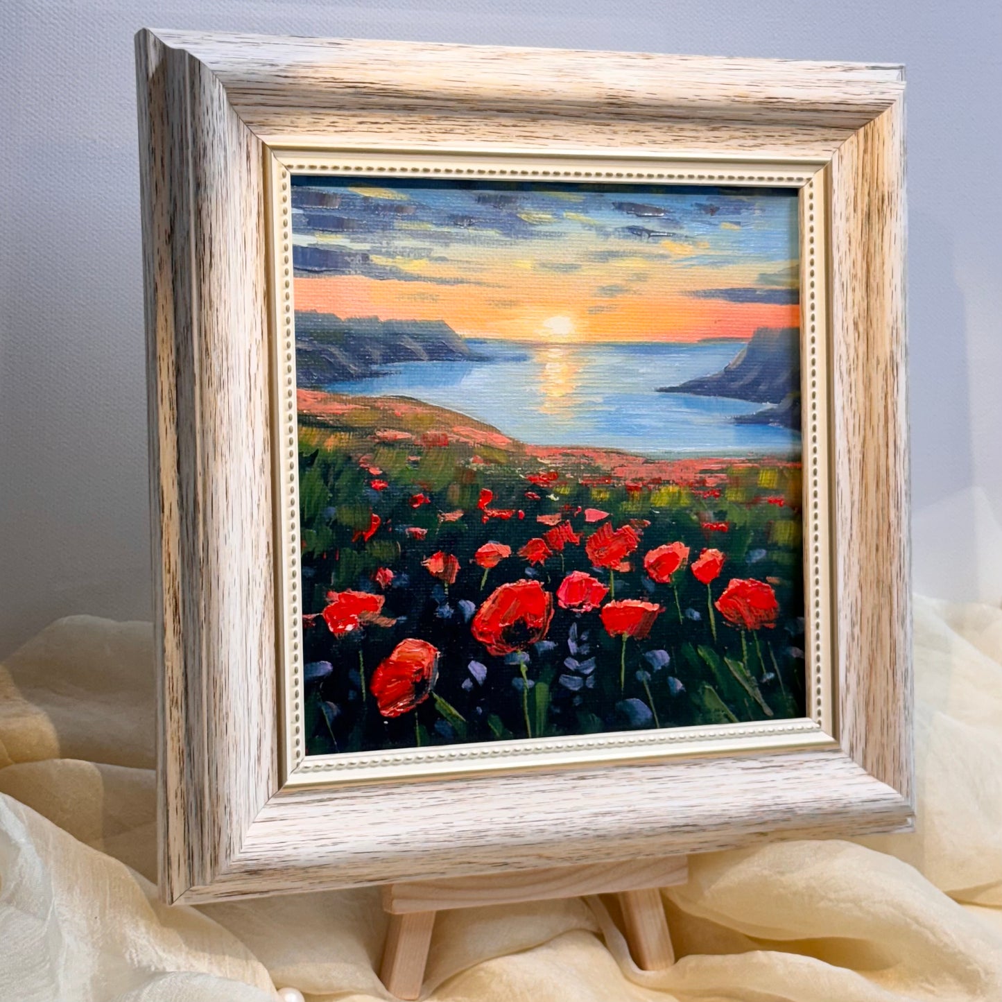 6"x6 Poppy Field Bliss: Sunset flowers Original Handmade oil painting on Canvas panel Wall Art