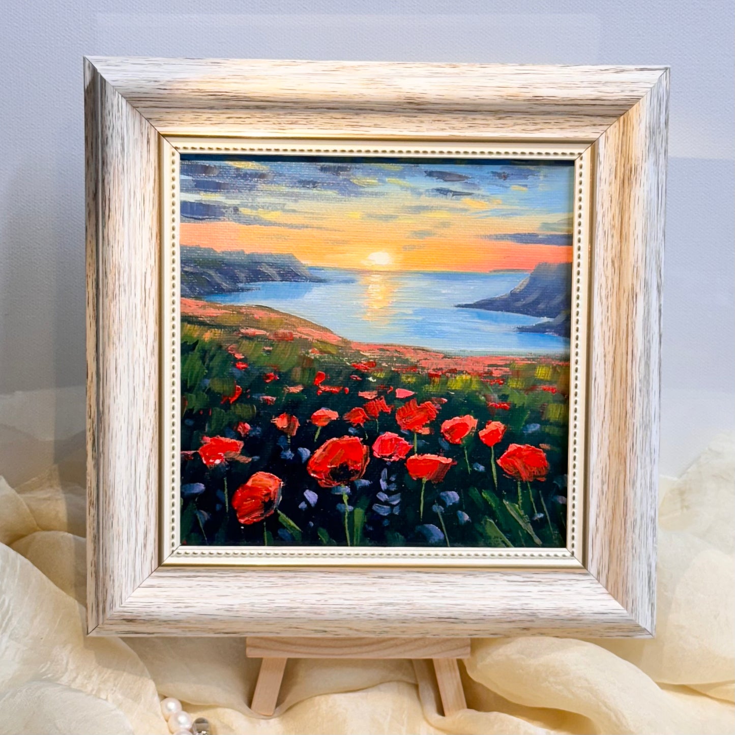 6"x6 Poppy Field Bliss: Sunset flowers Original Handmade oil painting on Canvas panel Wall Art