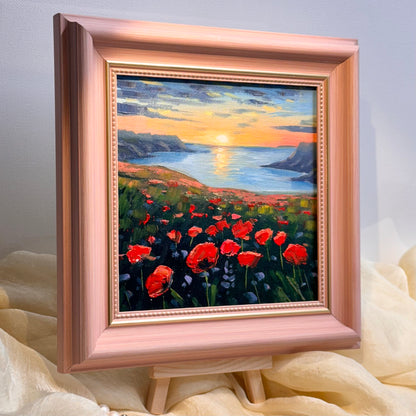 6"x6 Poppy Field Bliss: Sunset flowers Original Handmade oil painting on Canvas panel Wall Art