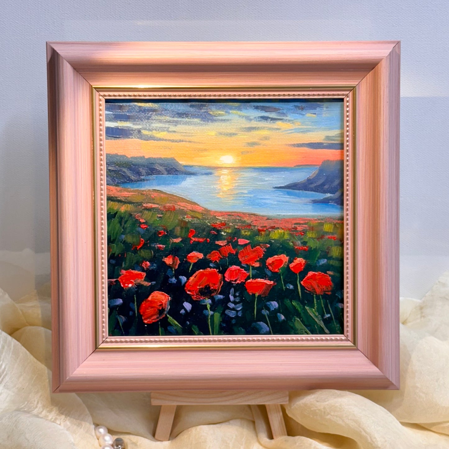 6"x6 Poppy Field Bliss: Sunset flowers Original Handmade oil painting on Canvas panel Wall Art