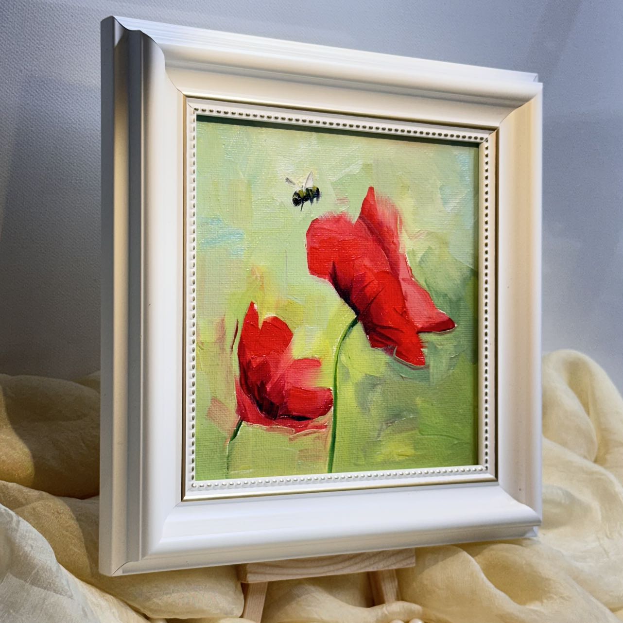 6"x6" Red Poppy flower Original Handmade oil painting on Canvas panel Wall Art