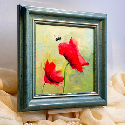 6"x6" Red Poppy flower Original Handmade oil painting on Canvas panel Wall Art