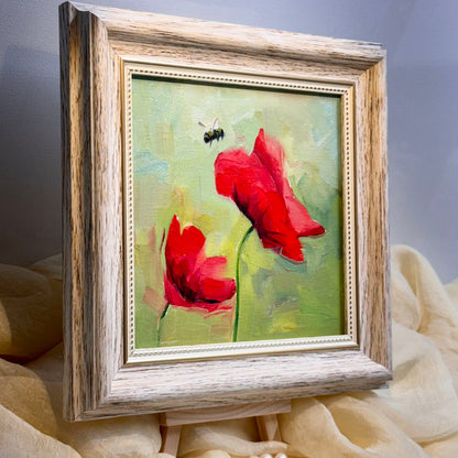 6"x6" Red Poppy flower Original Handmade oil painting on Canvas panel Wall Art