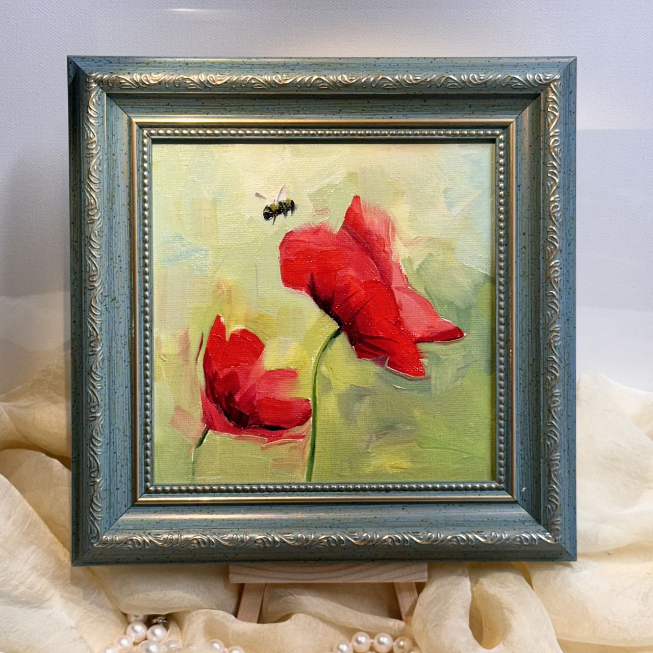 6"x6" Red Poppy flower Original Handmade oil painting on Canvas panel Wall Art