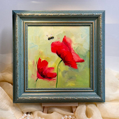 6"x6" Red Poppy flower Original Handmade oil painting on Canvas panel Wall Art