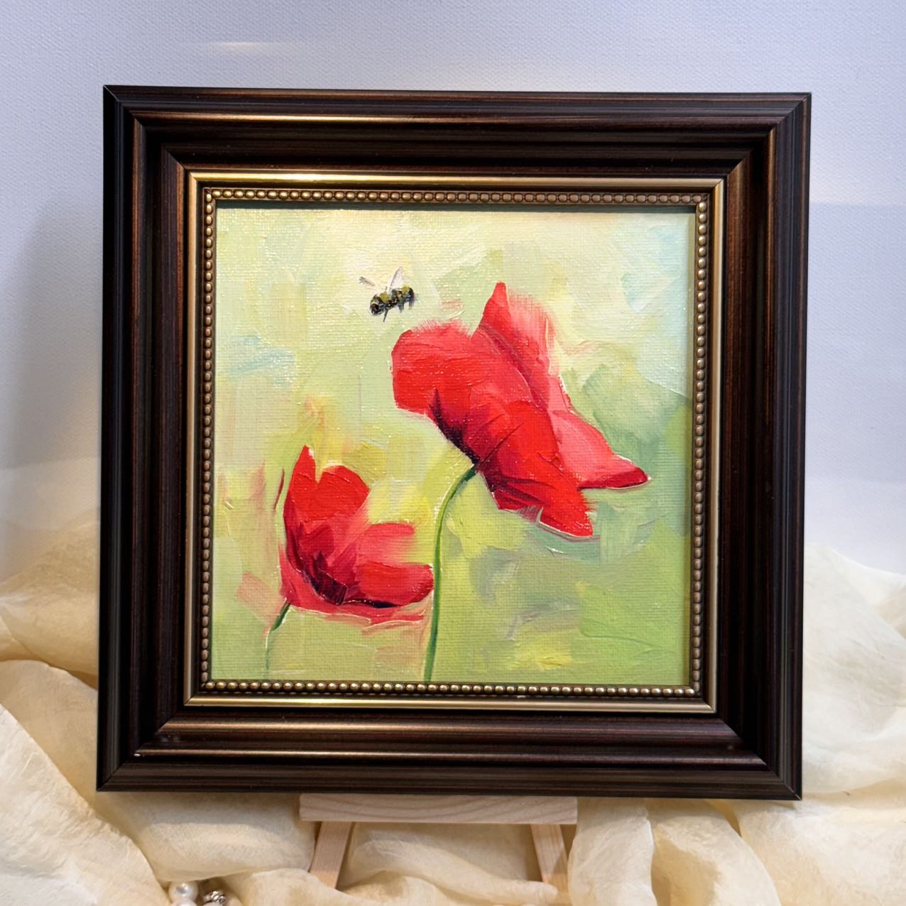 6"x6" Red Poppy flower Original Handmade oil painting on Canvas panel Wall Art