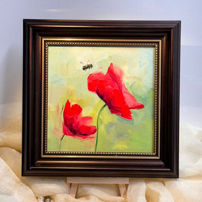 6"x6" Red Poppy flower Original Handmade oil painting on Canvas panel Wall Art