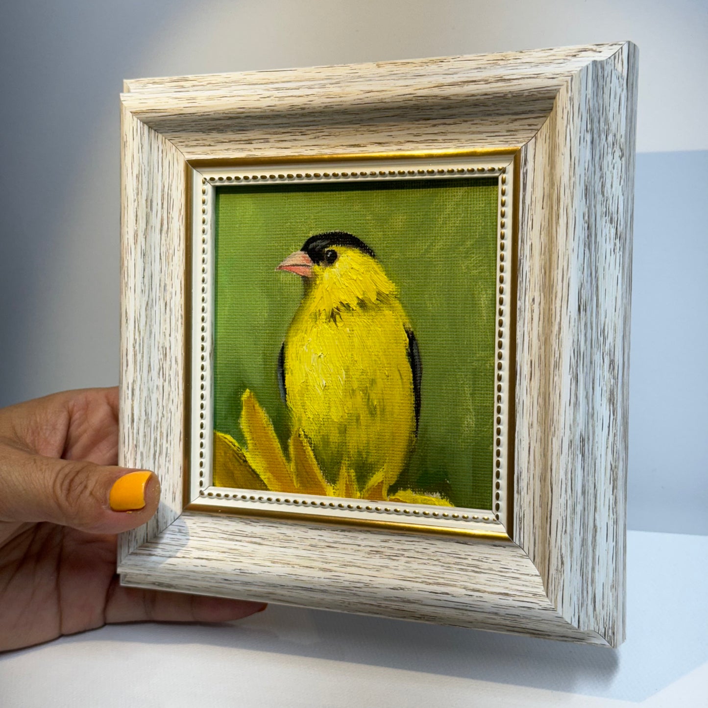 4"x4" Goldfinch: Original Small Oil Painting - Framed Canvas Artwork for Home Decor | Charming Bird Art, Unique Gift